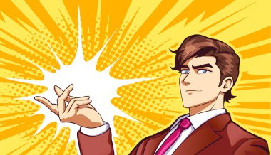 Manga ve anime tarzında takım elbiseli bir adam. Başarılı olma fikri olan kasıtlı genç bir iş adamı. Sarı arka planda vektör çizimi. Vektör resmi.