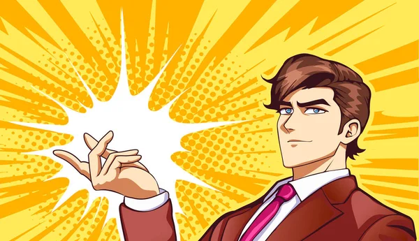 Mężczyzna Garniturze Stylu Mangi Anime Celowy Młody Biznesmen Pomysłem Sukces — Wektor stockowy