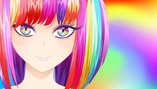 虹色の髪の甘い女の子 虹を背景にした漫画やアニメ風の少女のイラスト ベクトル画像 — ストックベクタ