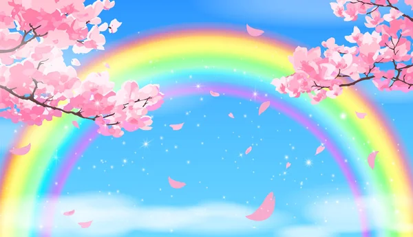 Ramas Sakura Rosa Contra Cielo Azul Con Nubes Arcoíris — Vector de stock