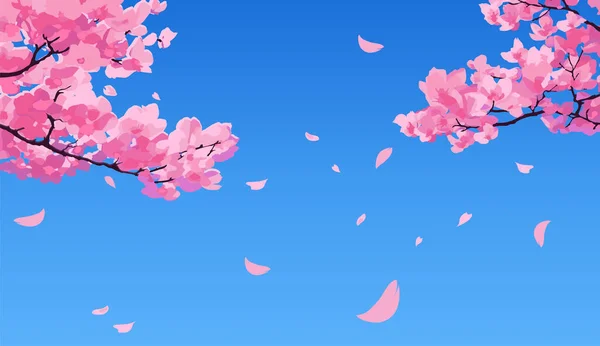 Roze Sakura Tak Met Bloemblaadjes Vallen Tegen Helder Blauwe Lucht — Stockvector