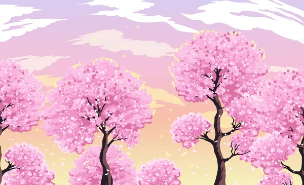 Blühende Sakura Bäume Gegen Den Abendlichen Rosa Himmel Mit Wolken — Stockvektor