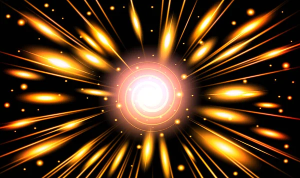 Goldene Gelb Leuchtende Linien Und Teilchen Starker Energie Magie Schwarzen — Stockvektor