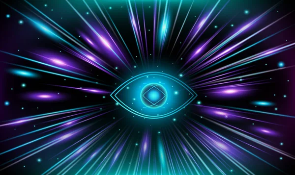 すべての目を見て 緑の輝く線と強いエネルギーの粒子は 目のシンボルから発生します 漫画やアニメのスタイルで宇宙の緑と紫の超エネルギーのベクトル画像 — ストックベクタ