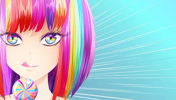 Roztomilá Holka Duhovými Vlasy Lízátkem Ilustrace Dívky Manga Anime Stylu — Stockový vektor