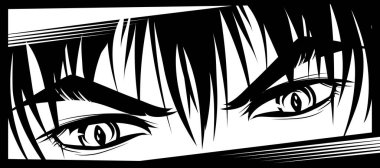 Manga ve anime stili bir adamın öfkeli bakışları. Vektör resmi.