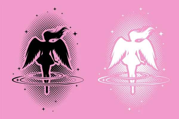 Set Von Silhouetten Von Anime Mädchen Mit Flügeln Engeln Zauberinnen — Stockvektor