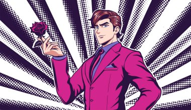 Pembe takım elbiseli romantik bir adam manga ve anime tarzında bir gül verir. Genç adam kendinden emin ışıldıyor. Yarım ton arkaplanda vektör illüstrasyonu.