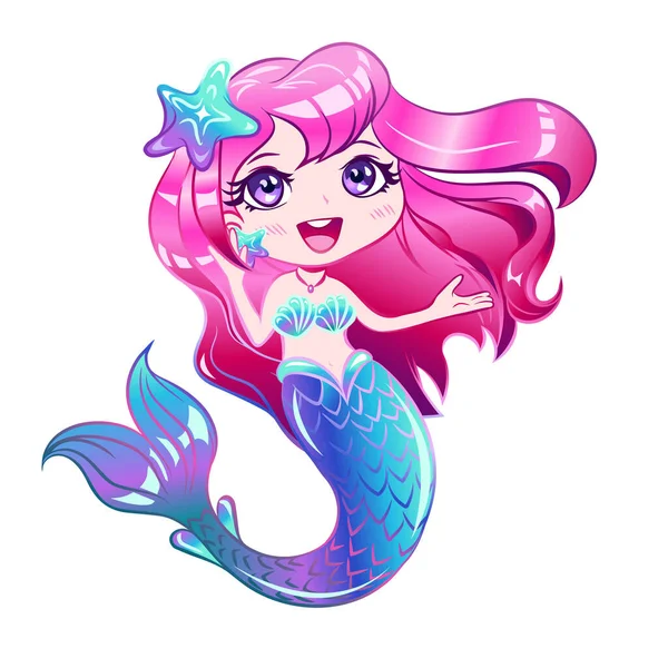 Little Mermaid Pink Hair Sings Song Cute Little Mermaid Design — Stock Vector