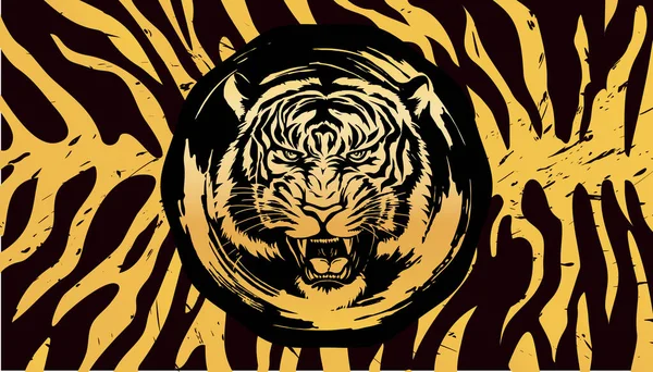 Schwarzer Hintergrund Mit Gestreiftem Tigerfell Und Dem Kopf Eines Knurrenden — Stockvektor