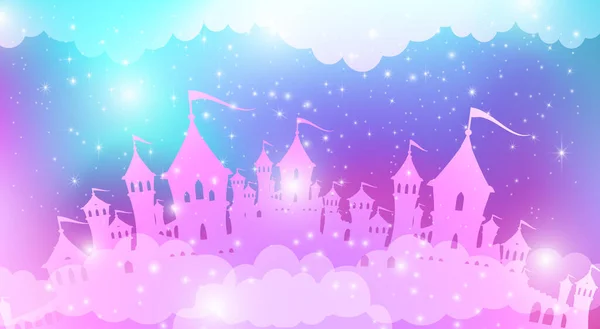星の背景にある魔法の城のシルエット プリンセス ピンク宮殿のイラスト ベクトル画像 — ストックベクタ