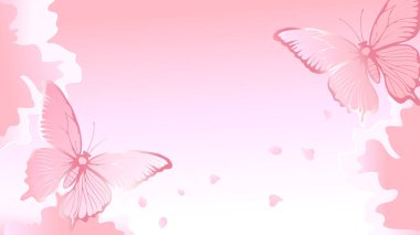 Kelebekleri ve pembe çiçekleri olan pembe narin bir arka plan. Uluslararası Kadınlar Günü için İllüstrasyon. Tebrikler, poster, broşür tasarımı..