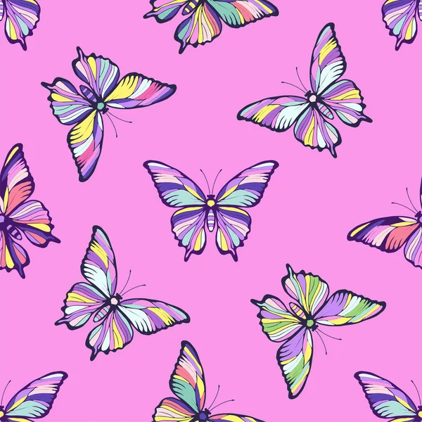 Pembe arka planda çok renkli kelebekler pürüzsüz desen. Vektör illüstrasyonu.