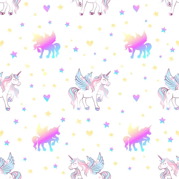 Unicorn Ajaib Yang Lucu Dengan Sayap Hati Dan Bintang Pola - Stok Vektor