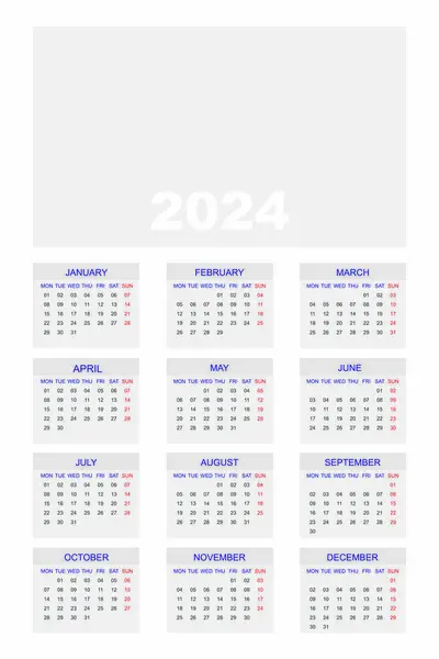 2024ウォールカレンダーのデザインテンプレート 週は月曜日から始まる ブックフォーマットA 英語のカレンダーレイアウト ミニマリストスタイルのカレンダー ベクター — ストックベクタ
