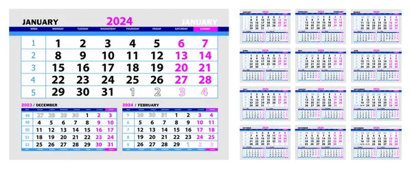 Wall Calendar Design Template 2024 Week Starts Monday Months Template — Stock Vector