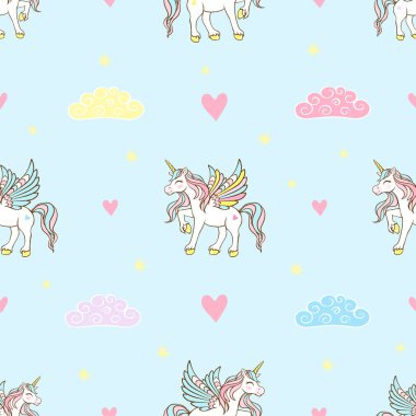 Kanatlı şirin sihirli tek boynuzlu at. Çocuklar için illüstrasyon. Vektör tasarımı beyaz arkaplanda izole edildi. Çocuklar için romantik el çizimi.