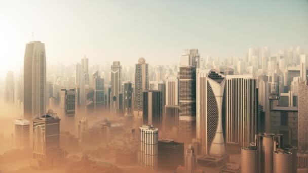 Moderne Metropole Mit Wolkenkratzern Bei Sonnenuntergang Stadt Sandsturm — Stockvideo