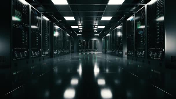 ブラックサーバールームのデータセンター サーバールームのウォークスルーサーバーラック クラウドコンピューティングデータストレージ サーバールームのガラスパネルの後ろのネットワークとデータサーバー — ストック動画