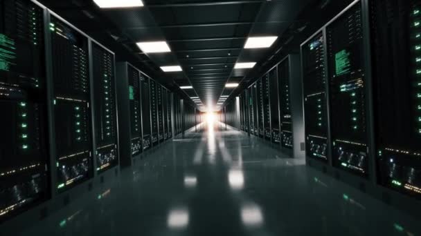 Arbeitendes Rechenzentrum Mit Reihen Von Rack Servern Server Racks Walkthrough — Stockvideo