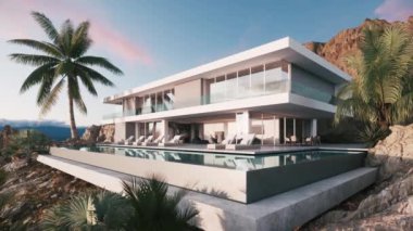 Şafakta havuzu olan lüks bir villa. Yüzme havuzlu modern lüks bir ev. 3d görselleştirme