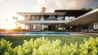 Modern minimalist ev dış görünüşü. Günbatımında havuzu olan modern bir özel ev. 3d canlandırma