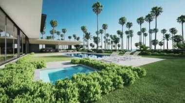 Havuzu ve palmiyeleri olan lüks bir villa. 3d canlandırma