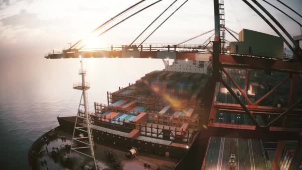 港にコンテナ船を積載するタイムラプス 貨物の海港の時間の損失で荷を積み 荷を下す容器の船 — ストック動画
