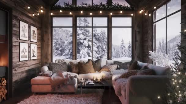 New Year Interior Decorations Cozy Sofa Fireplace Winter Forest Window — Stock Video