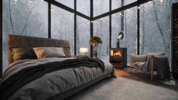 Άνετο Υπνοδωμάτιο Χιόνι Έξω Από Παράθυρο Χειμώνας Έξω Από Παράθυρο Βίντεο Κλιπ