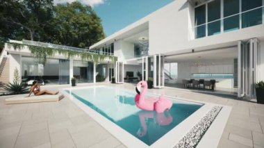 Evdeki havuz kenarında gündüz dinlenmesi. Havuz kenarında güneşleniyor. Özel villa yüzme havuzunda takılıyorum. Şişirilebilir pembe flamingo. Güneş banyosu yapan kız tatil yerlerinde tatilin tadını çıkarıyor.