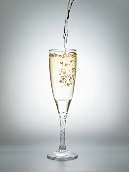 Gri Arka Planda Bir Bardağa Şampanya Dökülüyor Stüdyo Çekimi Stok Resim
