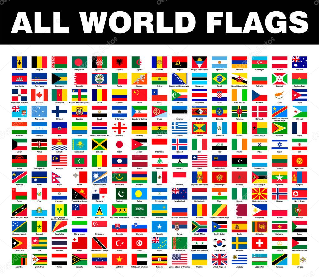 National Flag of Different 195 Countries vector, Collection set SVG of sovereign state flags of the World with their name clipart