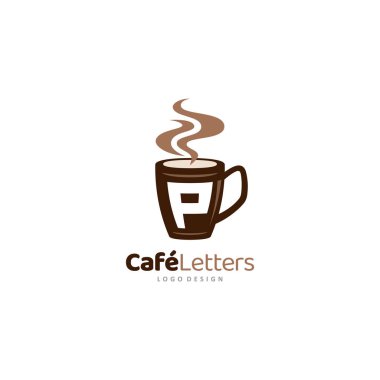 P harfinin kahve logosu Kafe ikonu restoran bistro sembolü Fasulye kupası amblemi.