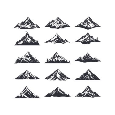 Dağ silueti Tepe manzarası logo vektörünün bir parçası. Açık hava seyahat simgesi, beyaz arkaplanda izole.