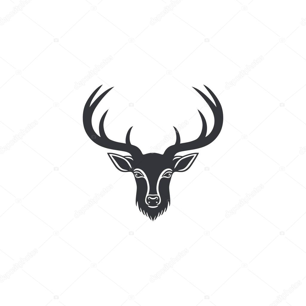 Deer Head silhouette Logo of reindeer face Clipart vector. Animal Horn symbol Deer antler icon, isolated on white background.