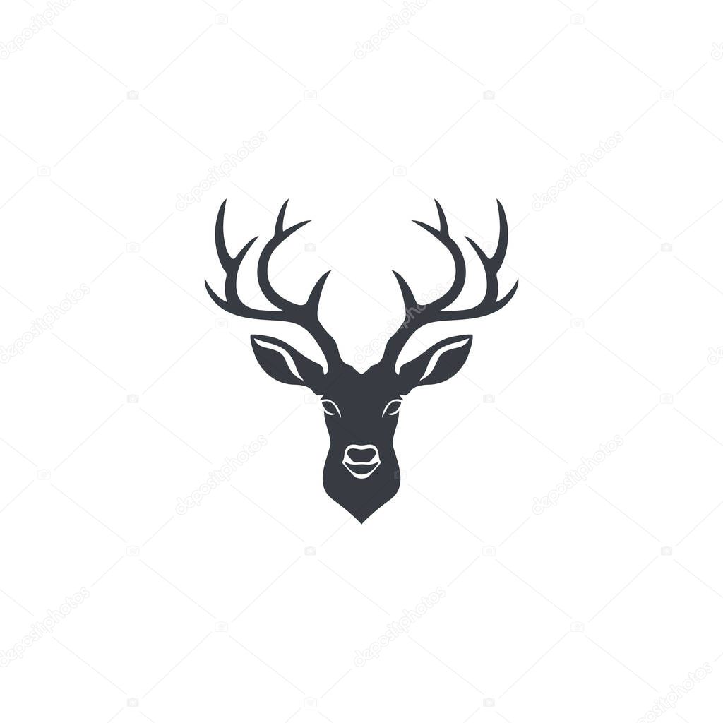 Deer Head silhouette Logo of reindeer face Clipart vector. Animal Horn symbol Deer antler icon, isolated on white background.