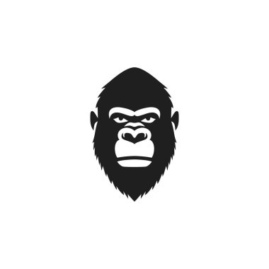 Maymun maskotu klibi vektörünün goril başlı logosu. Maymun suratlı siluet ikonu, vahşi yaşam primat sembolü. Beyaz arkaplanda izole.