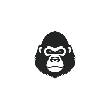 Maymun maskotu klibi vektörünün goril başlı logosu. Maymun suratlı siluet ikonu, vahşi yaşam primat sembolü. Beyaz arkaplanda izole.