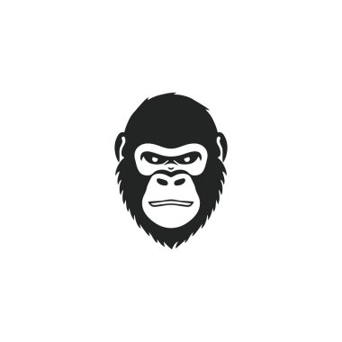 Maymun maskotu klibi vektörünün goril başlı logosu. Maymun suratlı siluet ikonu, vahşi yaşam primat sembolü. Beyaz arkaplanda izole.