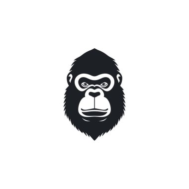 Maymun maskotu klibi vektörünün goril başlı logosu. Maymun suratlı siluet ikonu, vahşi yaşam primat sembolü. Beyaz arkaplanda izole.