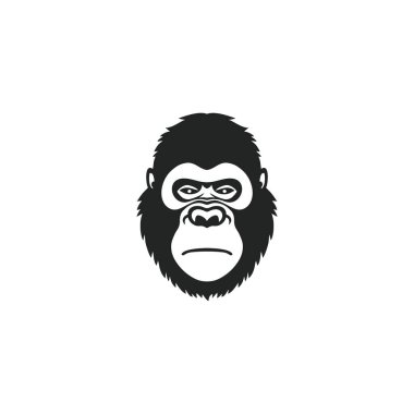 Maymun maskotu klibi vektörünün goril başlı logosu. Maymun suratlı siluet ikonu, vahşi yaşam primat sembolü. Beyaz arkaplanda izole.