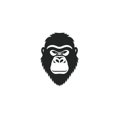 Maymun maskotu klibi vektörünün goril başlı logosu. Maymun suratlı siluet ikonu, vahşi yaşam primat sembolü. Beyaz arkaplanda izole.
