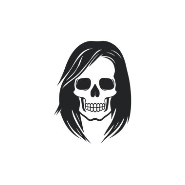 Kafatası logosu, uzun saçlı kafatası yüz silueti Clipart vektörü, cadılar bayramı sembolü, Calavera ikonu, iskelet dövmesi. Beyaz arka planda izole edilmiş. Uzun saçlı kafatası klipsli sanat
