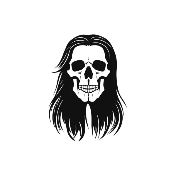 頭蓋骨の顔のシルエットの長い髪を持つ頭蓋骨の頭のロゴクリッパーベクトル ハロウィーンのシンボル カラベラアイコン スケルトンタトゥー 白地に隔離されてる ロングヘアの頭蓋骨クリップアート — ストックベクタ