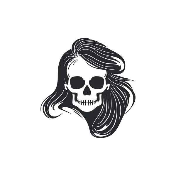 Logotipo Cabeça Crânio Com Cabelos Longos Silhueta Face Crânio Vetor — Vetor de Stock
