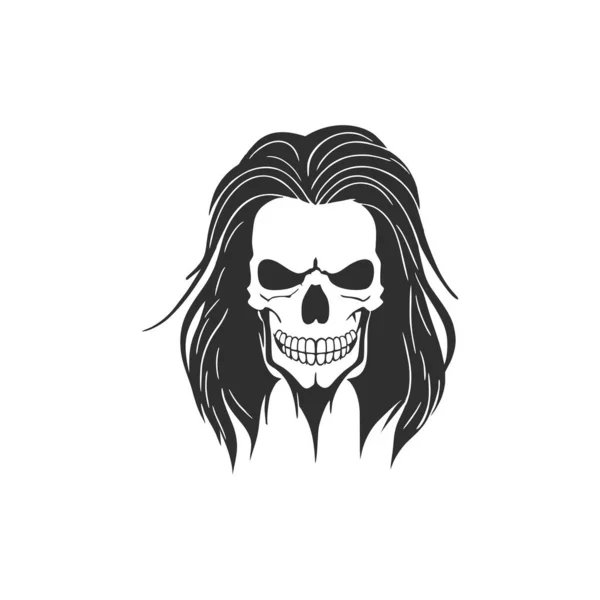 頭蓋骨の顔のシルエットの長い髪を持つ頭蓋骨の頭のロゴクリッパーベクトル ハロウィーンのシンボル カラベラアイコン スケルトンタトゥー 白地に隔離されてる ロングヘアの頭蓋骨クリップアート — ストックベクタ