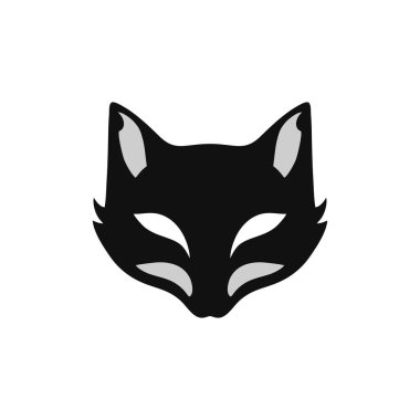 Tilki Kitsune 'nin Hayvan Yüzü Kliması logosu, Kedi başlı siyah siluet vektörü, karikatür ikonu, Japon anime sembolü. beyaz arkaplanda izole.