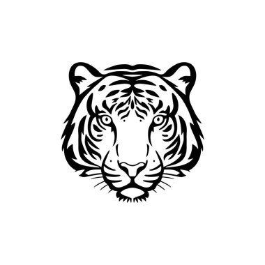 Kaplan başlı siluet logosu, hayvan yüzlü clipart vektörü, vahşi kedi maskotu ikonu, yırtıcı sembol. Beyaz arkaplanda izole.
