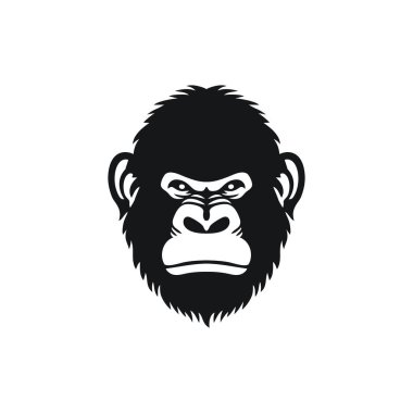 Maymun maskotu klibiyle ilgili goril suratlı logo. Goril baş siluet ikonu, goril primat sembolü. Beyaz arkaplanda izole.